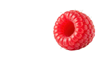 A single, pristine, vibrant red raspberry showcasing intricate, symmetrical drupelets and fine hairs, ultra-high-resolution macro photo against a transparent bokeh background, concept of natural