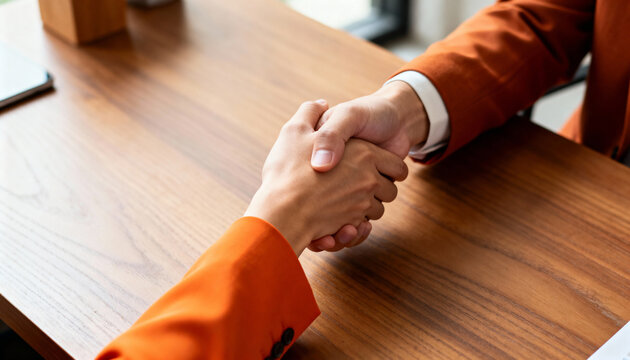 Close up of business handshake on wooden office desk. Two people in orange suits shaking hands. Partnership and agreement concept