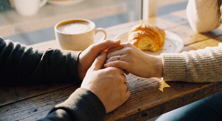 Holding hands at cafe table