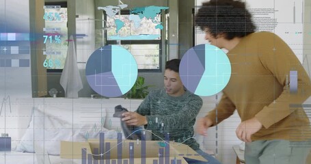 Seated man opening order box, standing man handing shoes, checking fit while retail charts overlay - Powered by Adobe