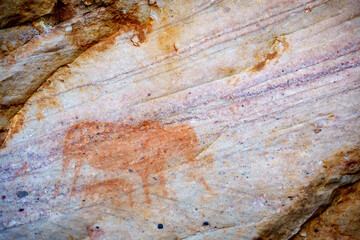 Ancient San or Bushman rock art adorns cave walls at Dr. C. Louis Leipoldt&rsquo;s burial site near Clanwilliam in the Cederberg Mountains, Western Cape, South Africa.