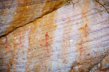 Ancient San or Bushman rock art adorns cave walls at Dr. C. Louis Leipoldt&rsquo;s burial site near Clanwilliam in the Cederberg Mountains, Western Cape, South Africa.
