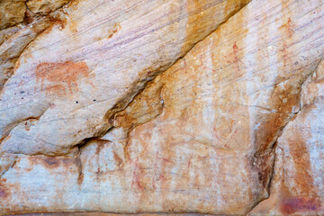 Ancient San or Bushman rock art adorns cave walls at Dr. C. Louis Leipoldt&rsquo;s burial site near Clanwilliam in the Cederberg Mountains, Western Cape, South Africa.