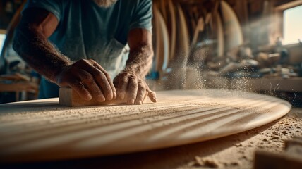 Woodworking Process of Surfboard Creation. Realistic Photo of Hands Shaping Board in Natural Light.