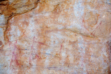 Ancient San or Bushman rock art adorns cave walls at Dr. C. Louis Leipoldt&rsquo;s burial site near Clanwilliam in the Cederberg Mountains, Western Cape, South Africa.