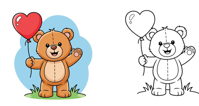 Cute cartoon teddy bear holding red heart balloon. Vector illustration with black and white coloring book page outline.