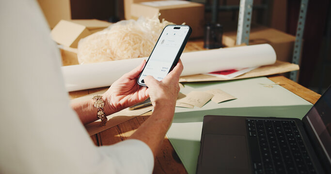 Logistics, online shop and hands with phone screen, order and stock review on website and ecommerce. Scroll, cart and person with mobile for sales, supply chain and checkout for goods distribution