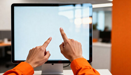 Point of view of hands pointing at a blank computer screen. Person interacting with touchscreen monitor in modern office. Technology mockup with copy space
