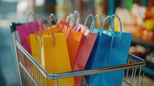 A full shopping cart with colorful bags, likely containing gifts or promotional merchandise. Retail display of products for sale.
