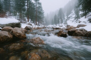A tranquil stream flows through a snowy forest landscape, surrounded by trees and rocks under a misty winter sky.