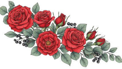 Red roses and greenery floral arrangement isolated on transparent background