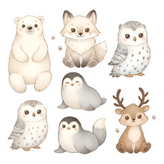 Cozy winter arctic animal sticker set in soft watercolor style