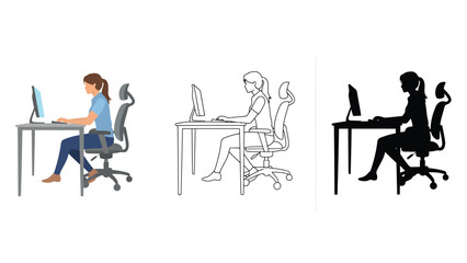 Fototapeta premium A woman sitting at a desk working on a computer in different styles