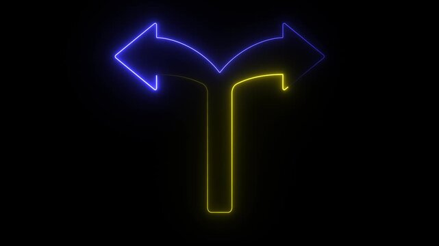 Neon yellow and blue arrows splitting left and right on black background, glowing decision choice motion graphics loop