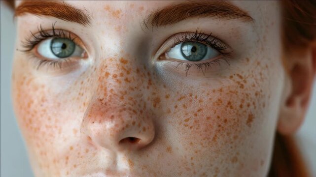 A young adult woman with freckled skin and red hair, looking slightly away from the camera. Close-up shot highlighting her eyes and facial features.