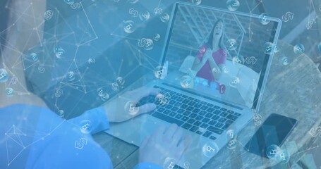 Animation of bitcoin signs over caucasian businesswoman on laptop video call - Powered by Adobe