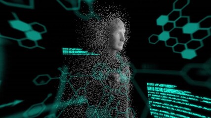 Animation of diverse data processing over human model on black digital background - Powered by Adobe