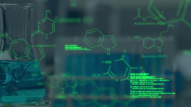 Animation of molecules and data processing over caucasian empty lab