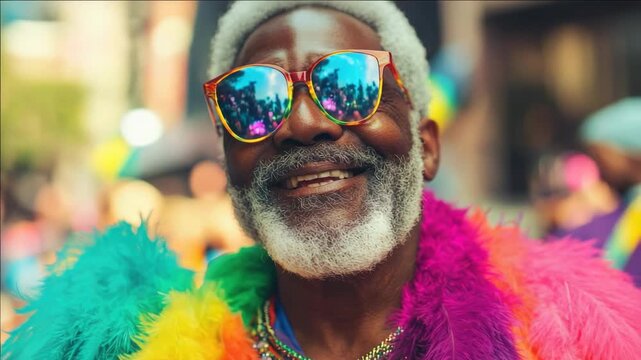 An elderly man with a beard, dressed in colorful attire and sunglasses, smiling at the camera during a parade event.