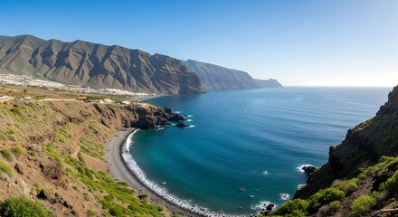 Scenic Coastal Landscape with Mountains and Ocean.