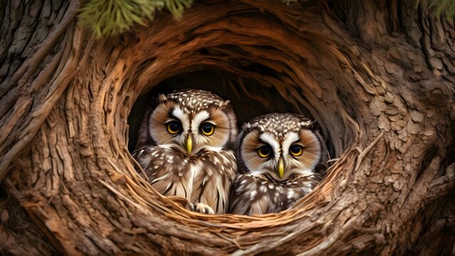 Owls sitting inside of tree, birds of prey resting in hollow trunk or cavity in forest woodland during daylight hours in natural habitat