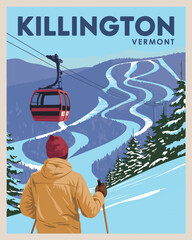 Killington Vermont Ski Resort Travel Poster &ndash; Scenic Winter Mountain Illustration