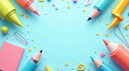 Group of colorful pencils and pens on a blue surface