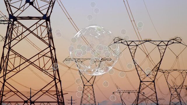 Animation of networks of connections with icons and globe over electric pylons