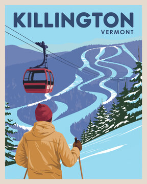 Killington Vermont Ski Resort Travel Poster &ndash; Scenic Winter Mountain Illustration