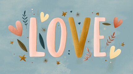 Love is written in a colorful and artistic way, with hearts