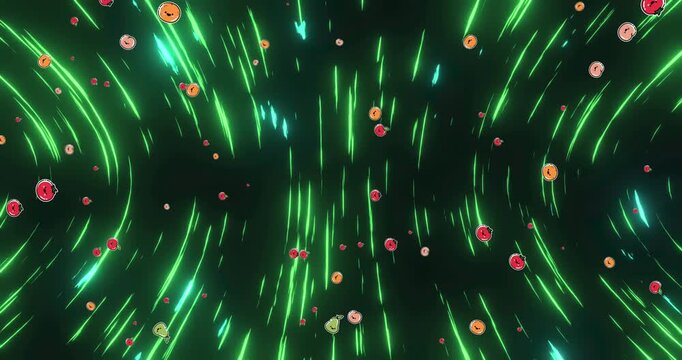 Animation of doughnuts falling green lights moving fast on black background