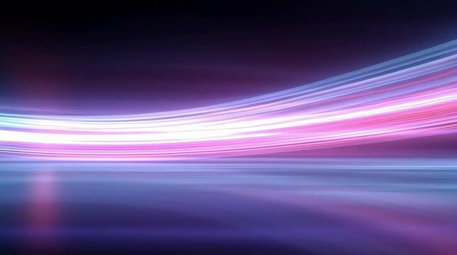 Vibrant pink and blue light streaks move swiftly across a dark background