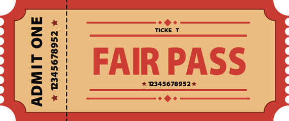 Rustic fair pass ticket, vintage admit one illustration with Fair Pass text, perfect for retro event graphics and stickers.