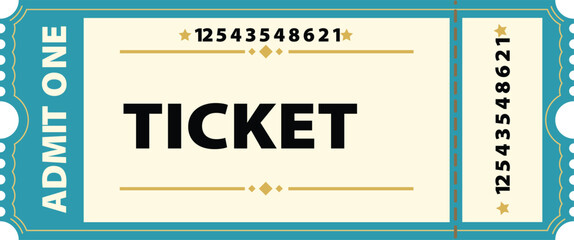 Retro teal and gold admit one carnival ticket with perforation and vintage design elements, graphic resource