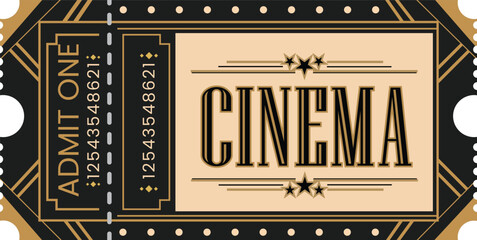 Art Deco cinema ticket for movie admission, vintage design with Admit One and Cinema text, perfect for posters and stickers.