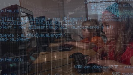 Animation of data processing over diverse group of students using tablet - Powered by Adobe