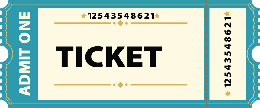 Retro teal and gold admit one carnival ticket with perforation and vintage design elements, graphic resource