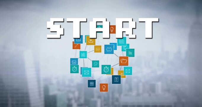 Animation of start text and media icons over cityscape