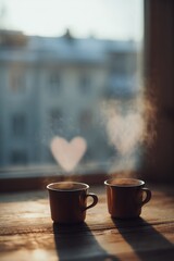 Two steaming coffee mugs on a wooden table with heart-shaped bokeh in the background, creating a warm, romantic ambiance.
