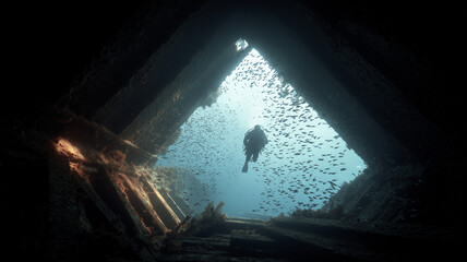 Obraz premium Scuba Diver Exploring Sunken Shipwreck with Torch Beam. Marine Archaeology and Deep Sea Discovery in Blue Water.