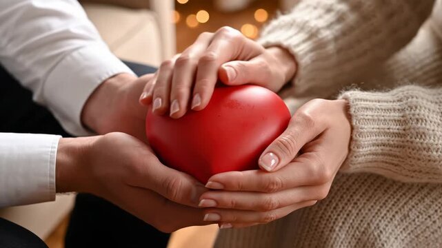 Couple hands holding red heart symbol of love and care 4k video background