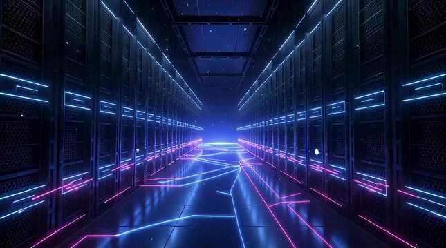 A futuristic server room with neon lights and glowing blue lines stretches out into the distance, showcasing a dark technological landscape with vibrant pink accents.