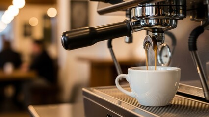 Espresso machine brewing a rich, dark coffee stream into a white cup in a warm cafe setting