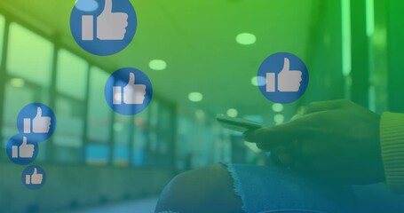 Animation of statistics and financial data processing over man using smartphone - Powered by Adobe