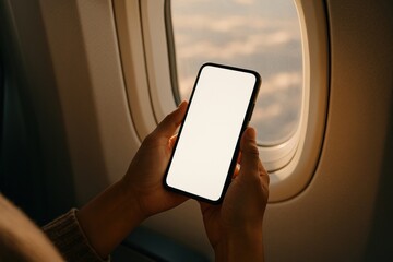 Airplane travel with smartphone view.