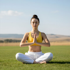 A young woman relaxing and meditating on fresh air.