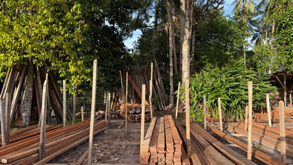 Lumber yard in a tropical setting with stacks of wood and lush green foliage.