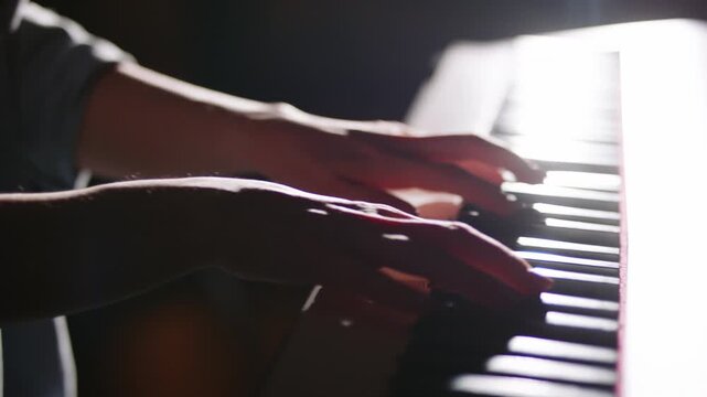 Piano Hands Playing Melodic Performance With Warm Holiday Lights Creating Cinematic Mood Creative Talent Purpose Expression Music Atmosphere Relaxing Sound Calm Studio Piano Art Inspiring Creative