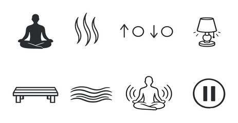 Meditation and relaxation icon set with yoga, lamp, waves, and pause symbols