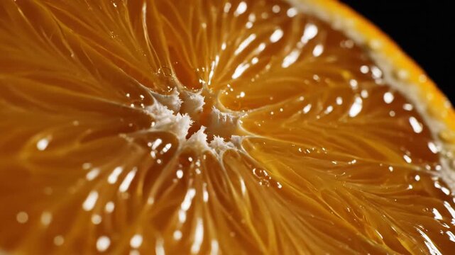 Extreme close-up of a juicy orange slice revealing its segmented interior with sparkling moisture droplets captured in macro detail.